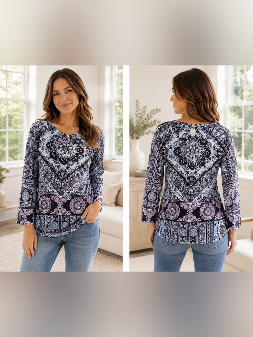 Chico's Mosaic Mandala Patchwork Tunic Blouse Top Purple and Blue Size 2 GUC